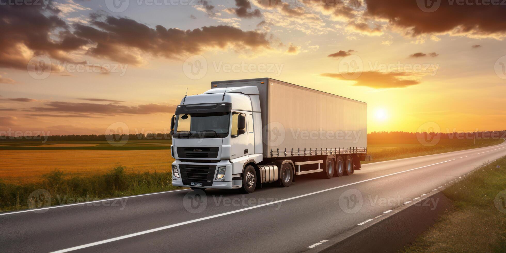 Fast and Furious. A Heavy Truck Speeding Through a Clear Summer Sunset on a Highway photo