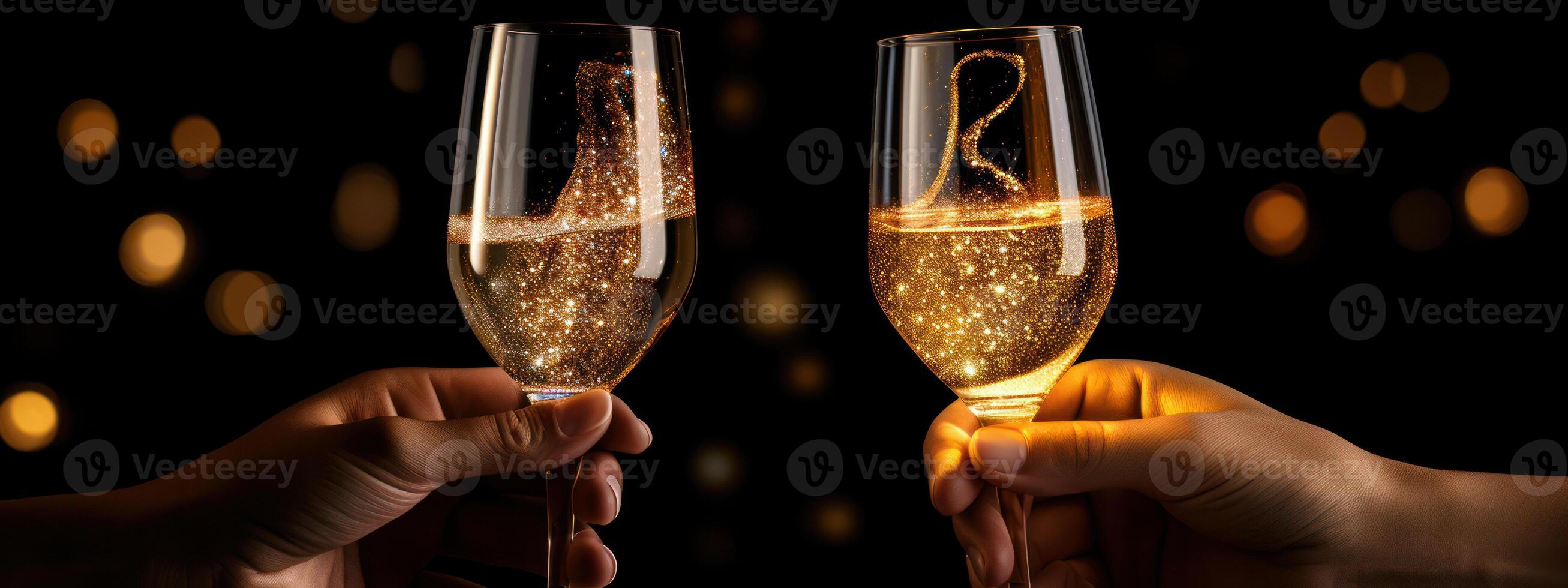 Festive Celebrations. Toasting with Glasses of Sparkling Champagne against a Dark photo