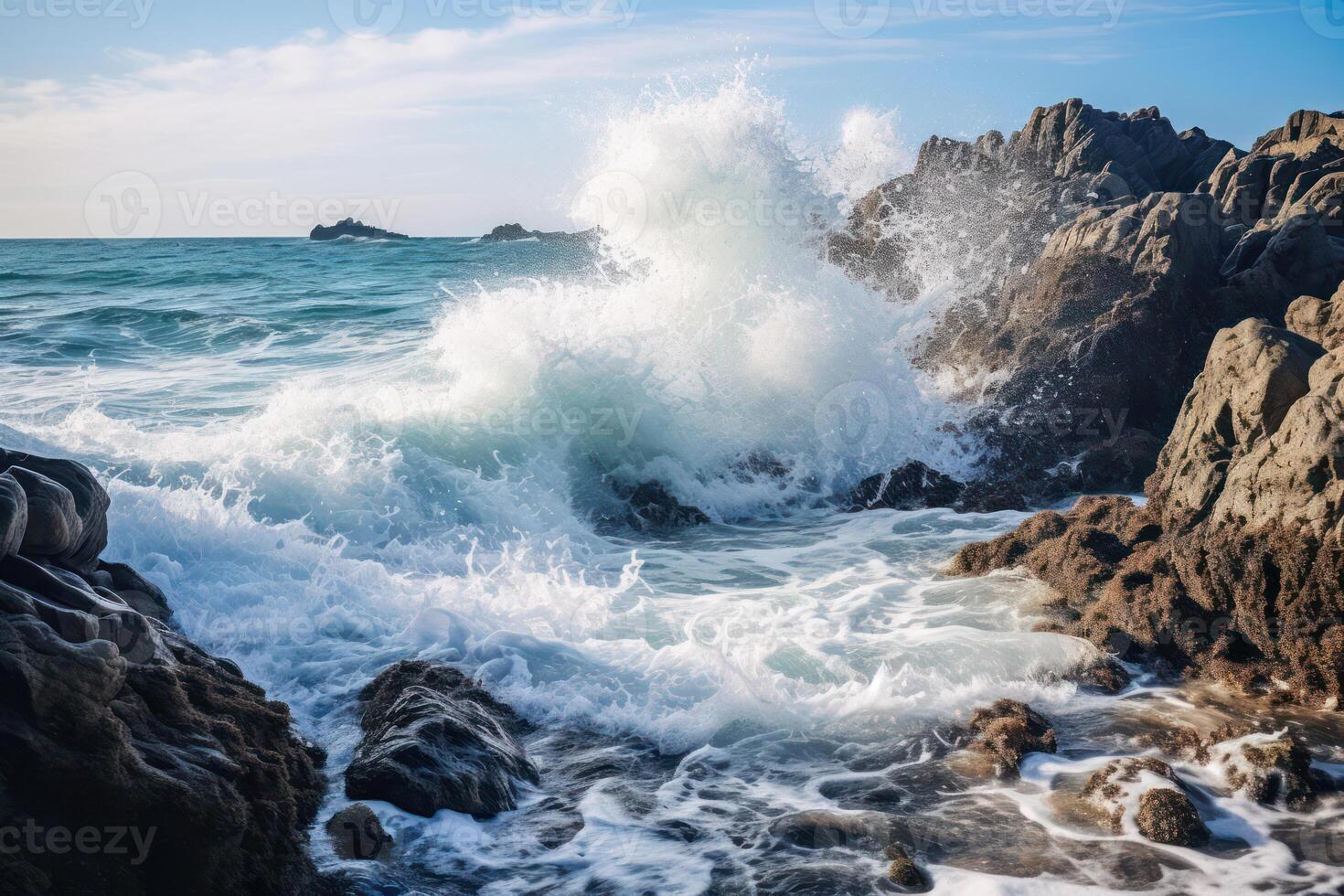 Powerful Waves Crashing Against Majestic Rocky Shoreline. A Serene Seascape photo