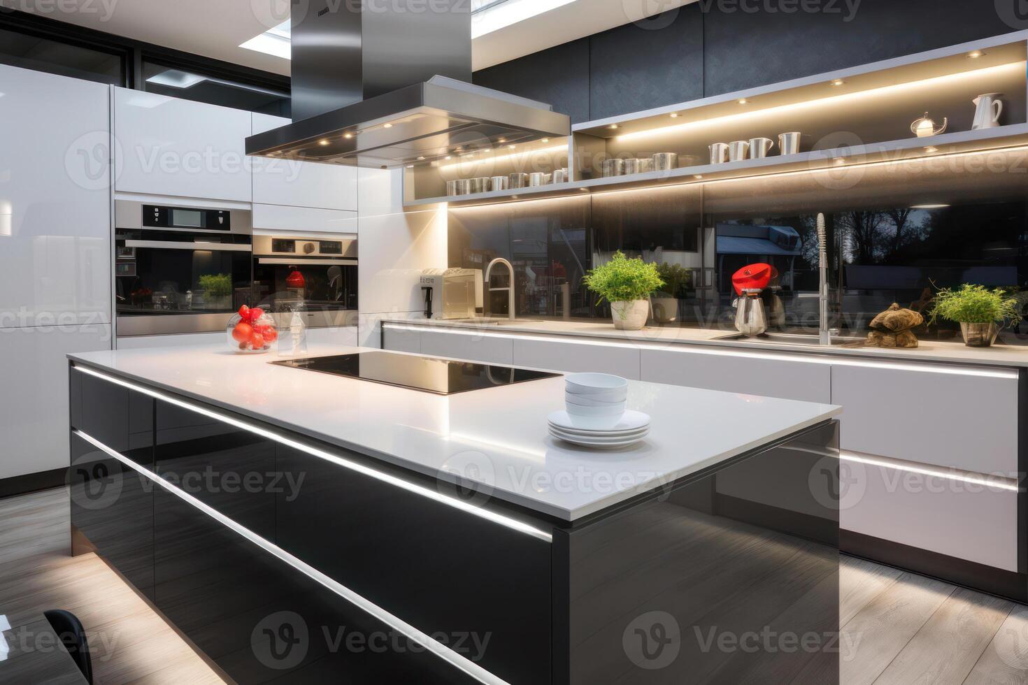 Luxurious Modern Kitchen with White Furniture. A Contemporary Reflection of Elegance. photo