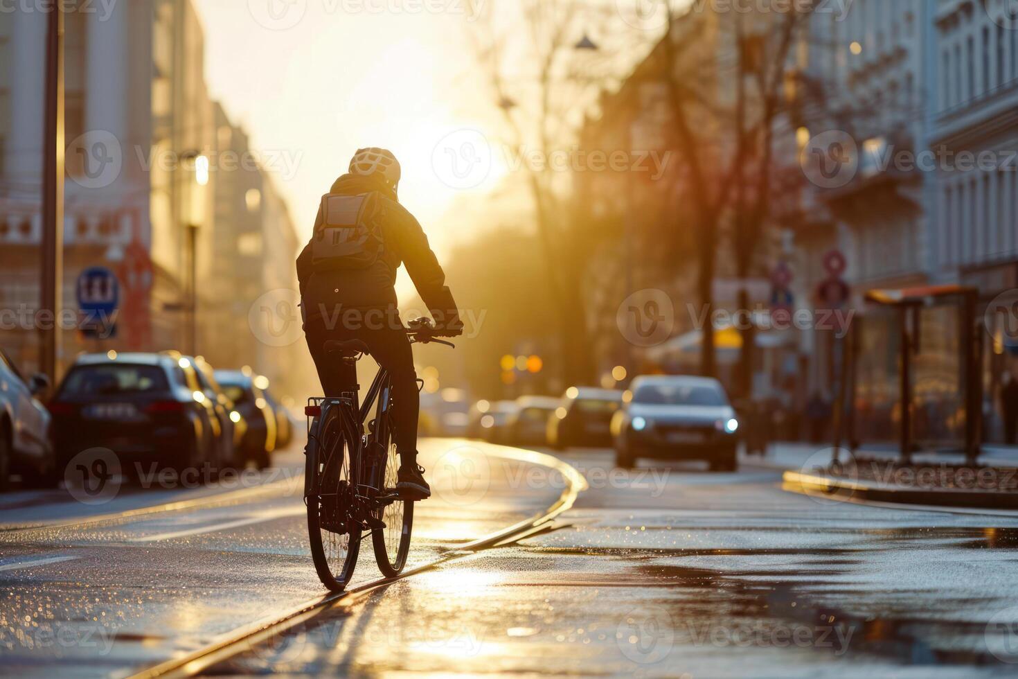 Active Urban Cyclist Riding Bicycle on City Street at Sunset photo