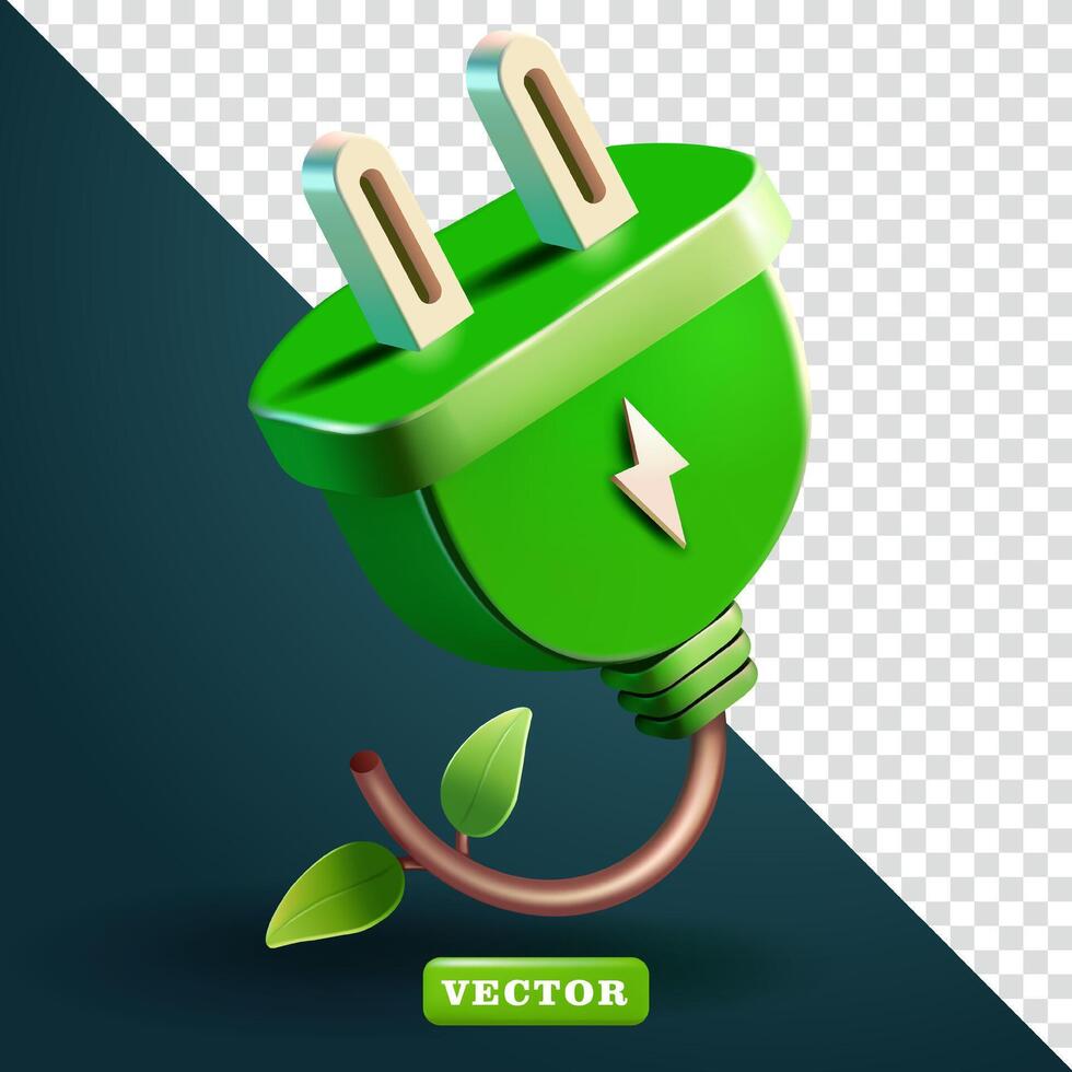 Electrical green energy plug with plant wires, 3d. Suitable for design elements vector