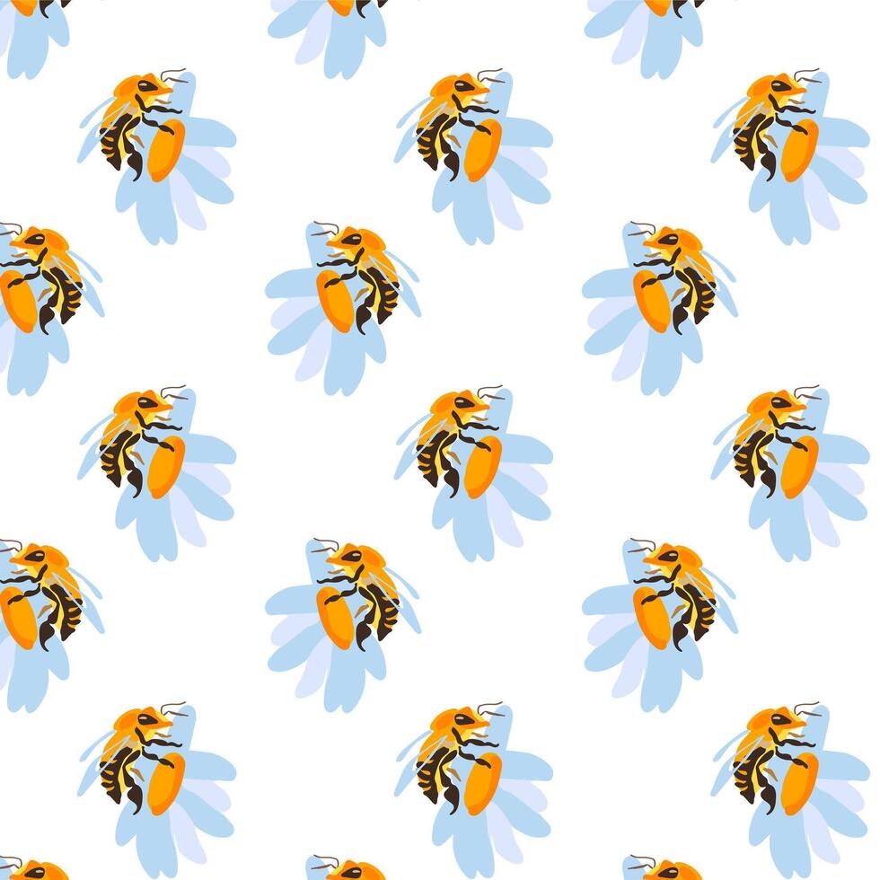 Spring seamless pattern rows of cute white daisies bee white Summer template Plant wildflower ditsy ornament wrapping fabric wallpaper textile mosaic vector