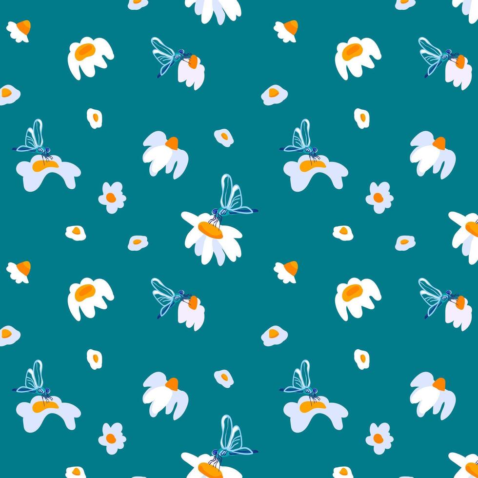 Summer background daisy dragonfly dark turquoise backdrop summer white wild flowers ornament template poster textile fabric vector