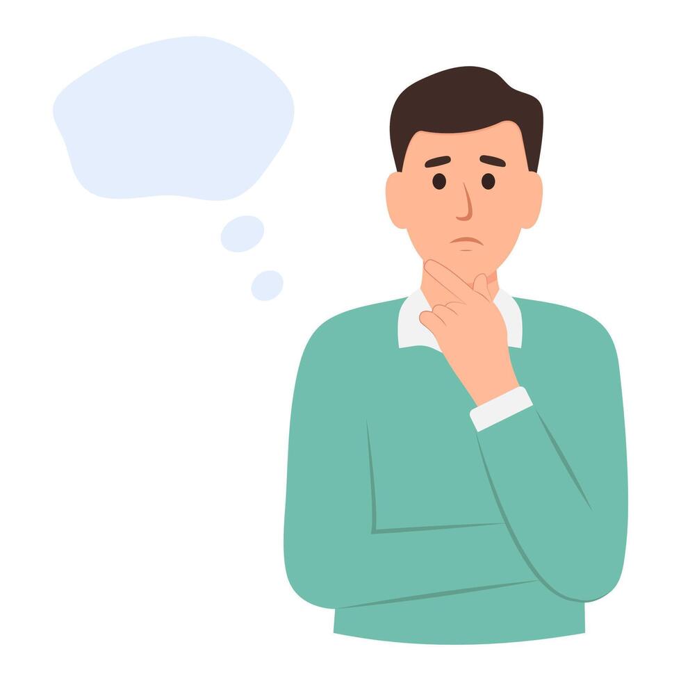Man with curious or pensive face standing with thought bubble. Concept of thinking, decision, business problem solving, considered gesture. vector