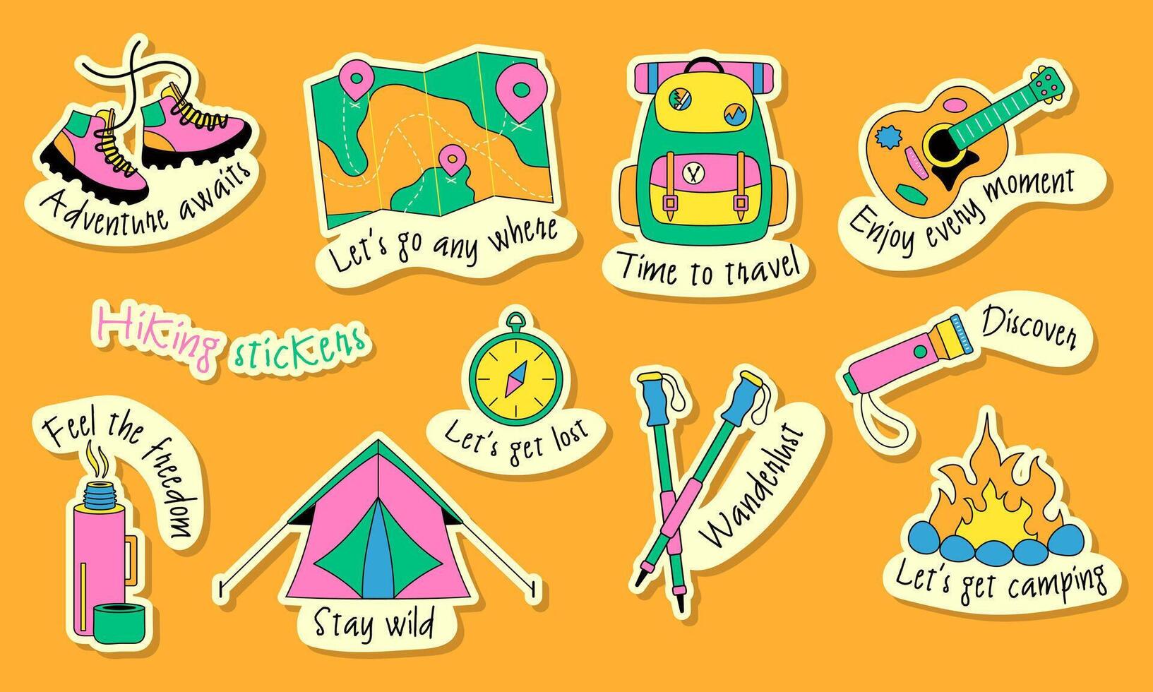 Trekking and Hiking Sticker Set with Motivational Text. Camping Stickers in Retro Style vector