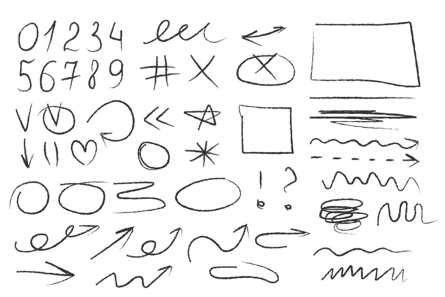 Charcoal or wax crayon doodles, on a white background. Numbers, inscriptions for school, design vector