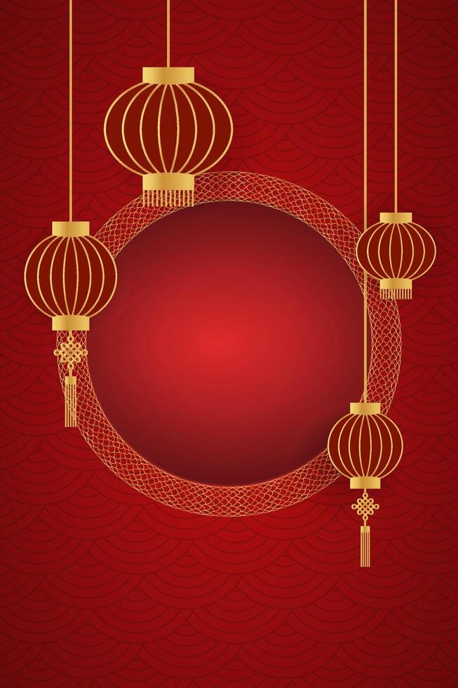 Red frame with gold frame and lantern, and pattern on background Chinese New Year 2025 template, greeting card, banner, poster vector