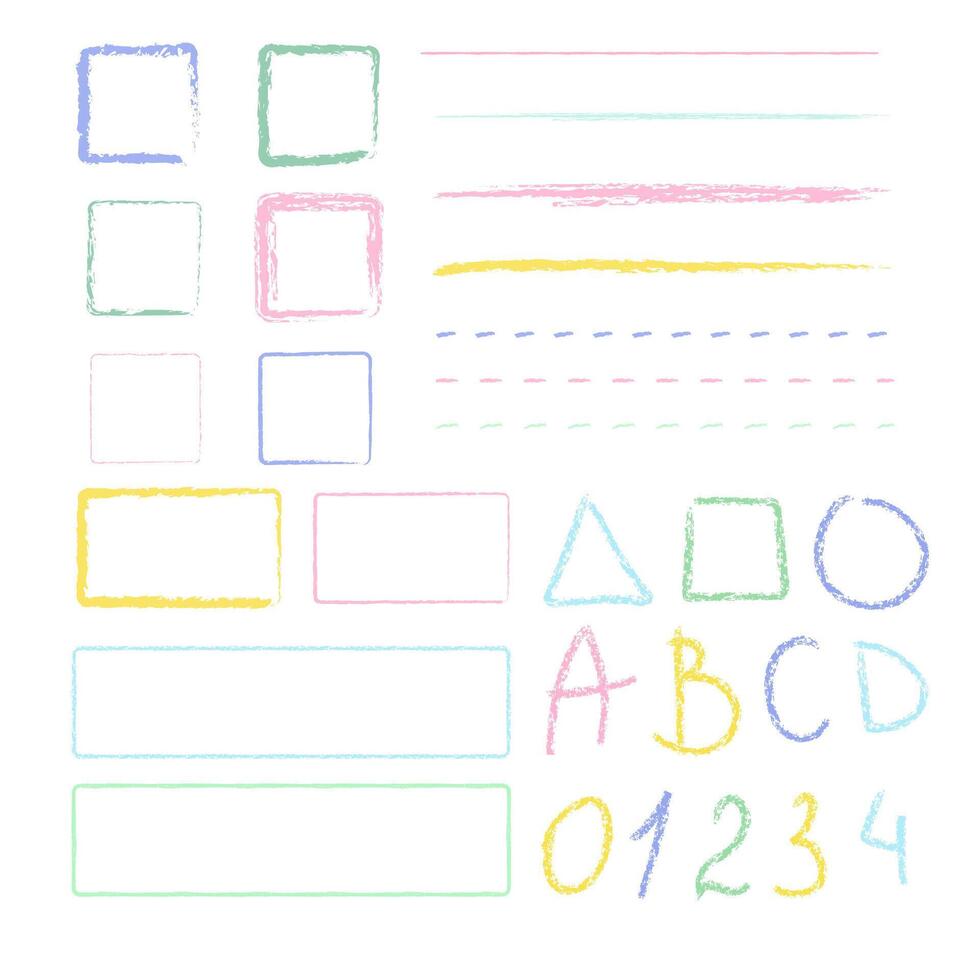 Colored numbers, letters, wax pencil frames, square drawings on white background. vector