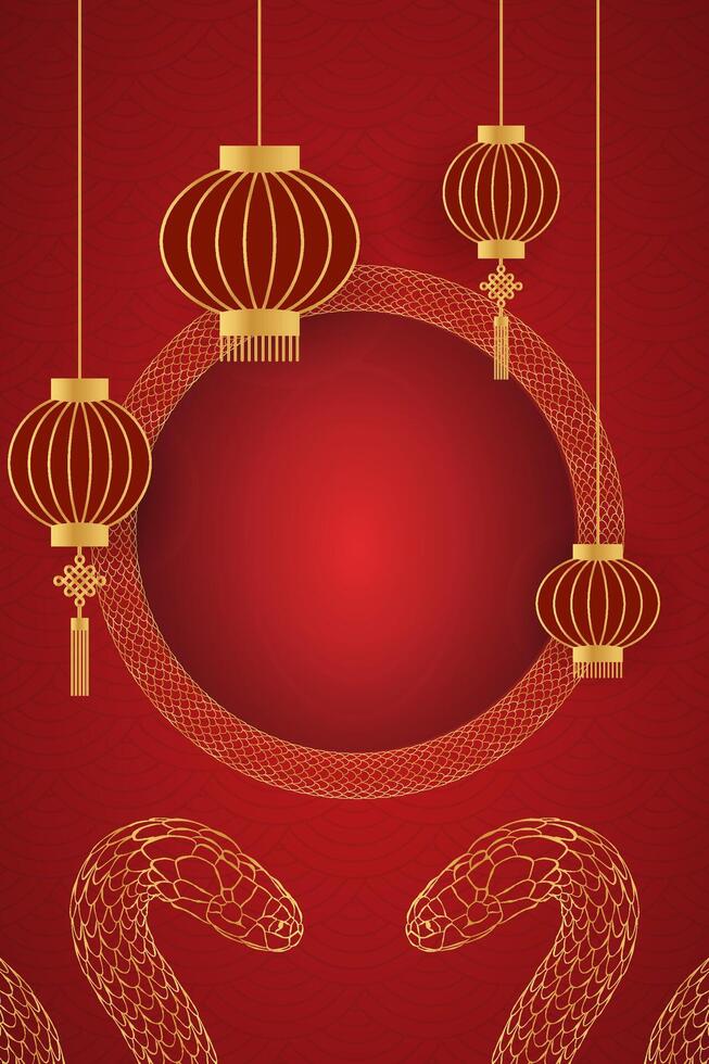Red gold frame and lantern and snake and pattern on background Chinese New Year 2025 template, greeting card, banner, poster vector