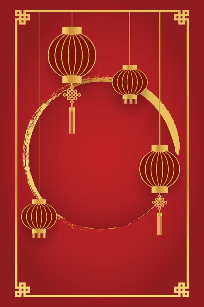 Red frame with gold frame and lantern, Chinese New Year template 2025, greeting card vector