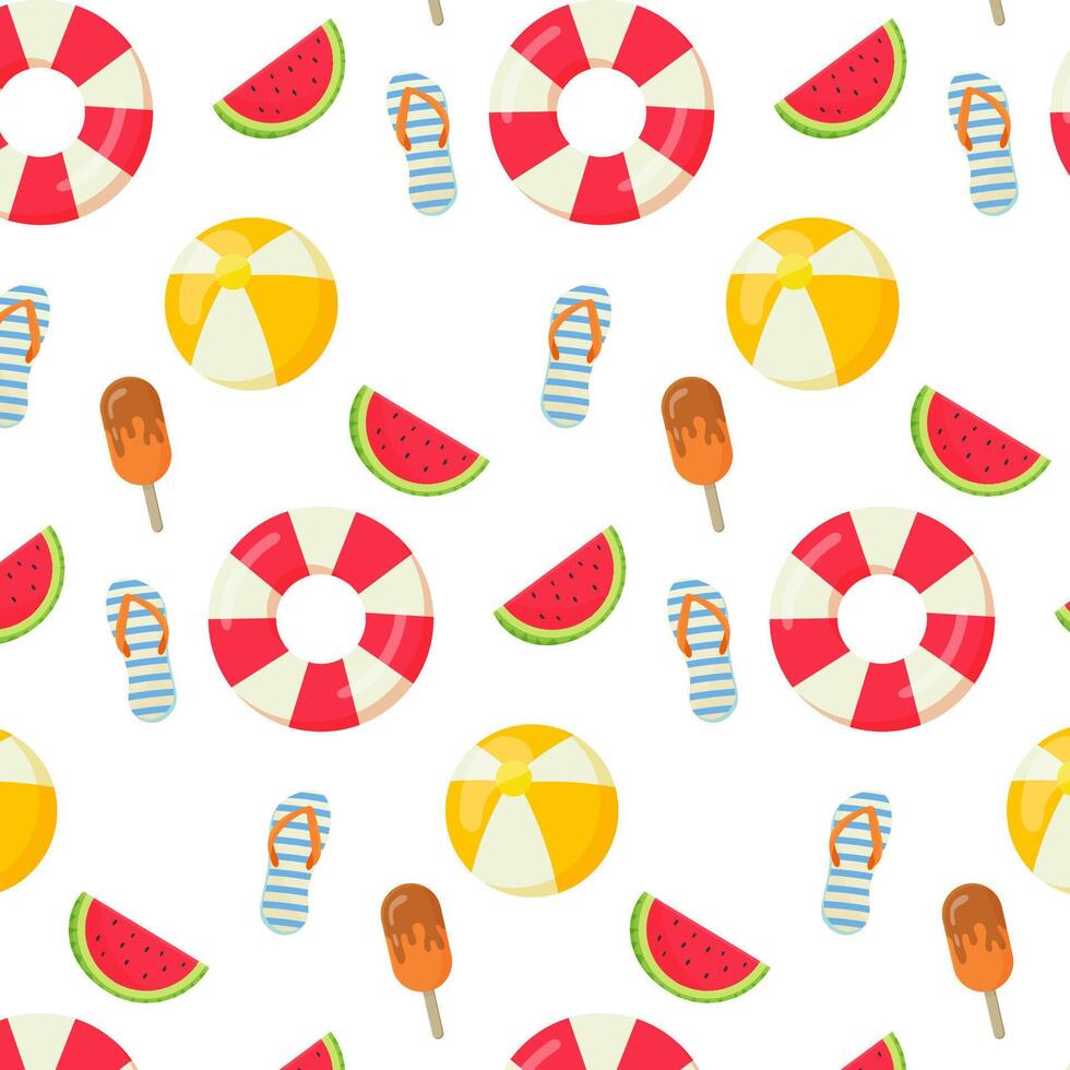 Seamless pattern. Summer cartoon ice cream, flip flops. lifeboy, ball. illustration vector