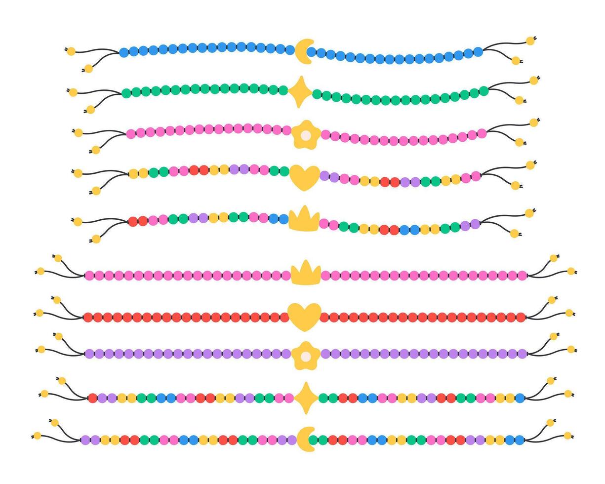 Kids jewelry set. Colorful handmade bracelets with plastic beads. Friendship bracelets. vector