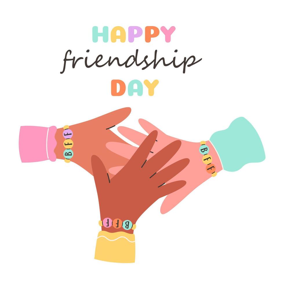 Happy Friendship Day greeting card. Kids wearing handmade friendship bracelets with plastic beads vector