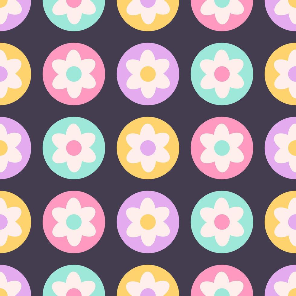 Seamless pattern with abstract retro aesthetic daisy flowers. Vintage floral art prints. Hippie 60s, 70s, 80s style vector