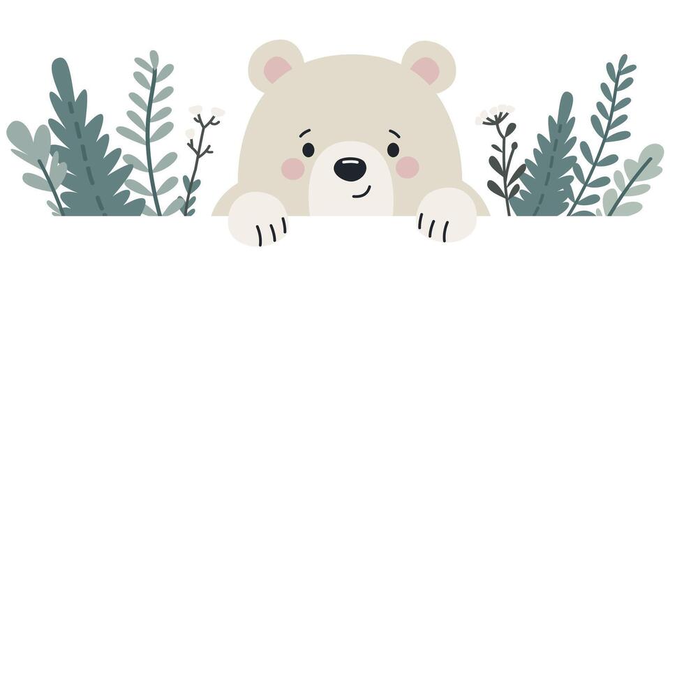 Cute white bear peeking out from behind a banner, green plants and flowers on background. Flat illustration on white background, space for your text vector