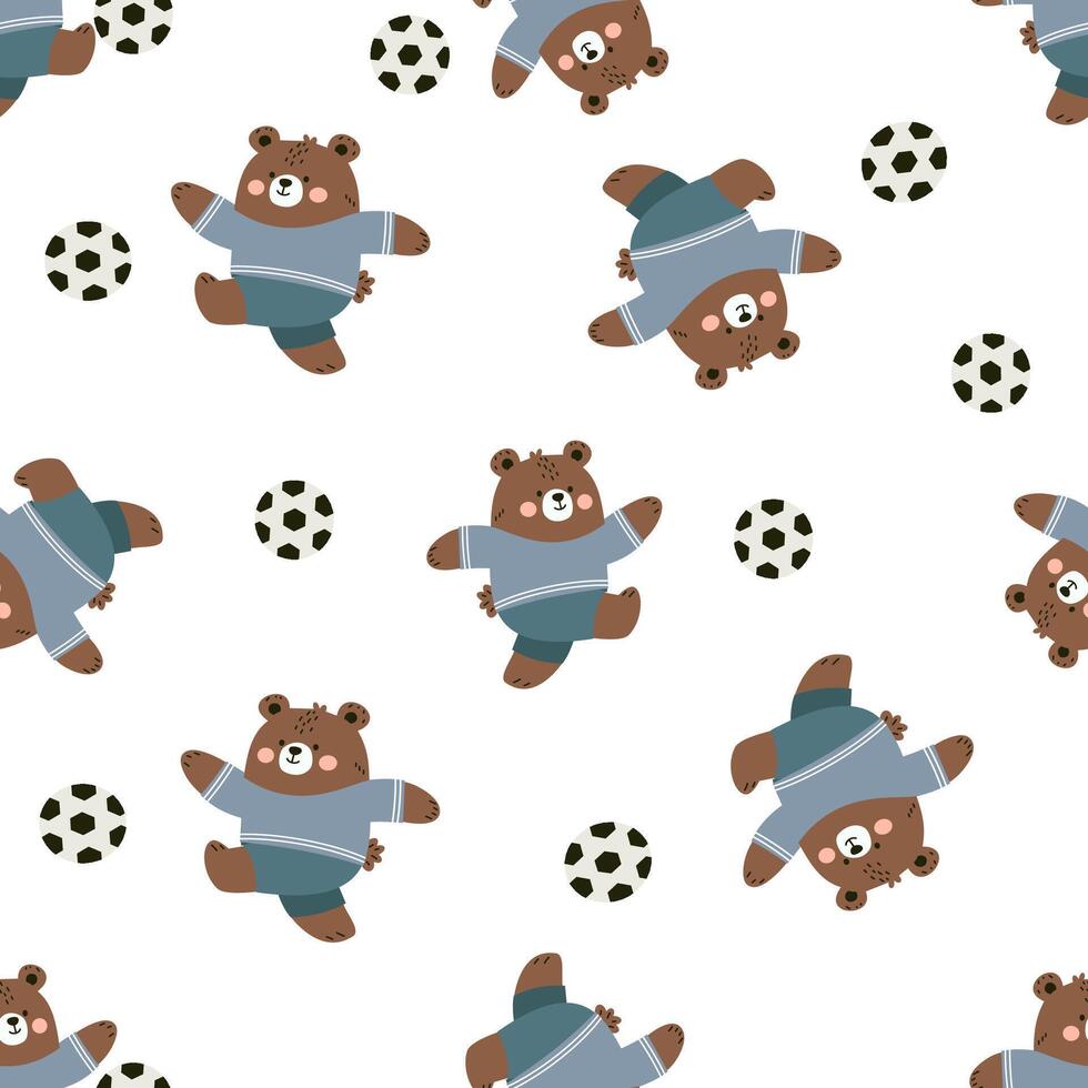 Seamless pattern. Cute bear cub in uniform playing soccer. Flat illustration in children's style on white background vector