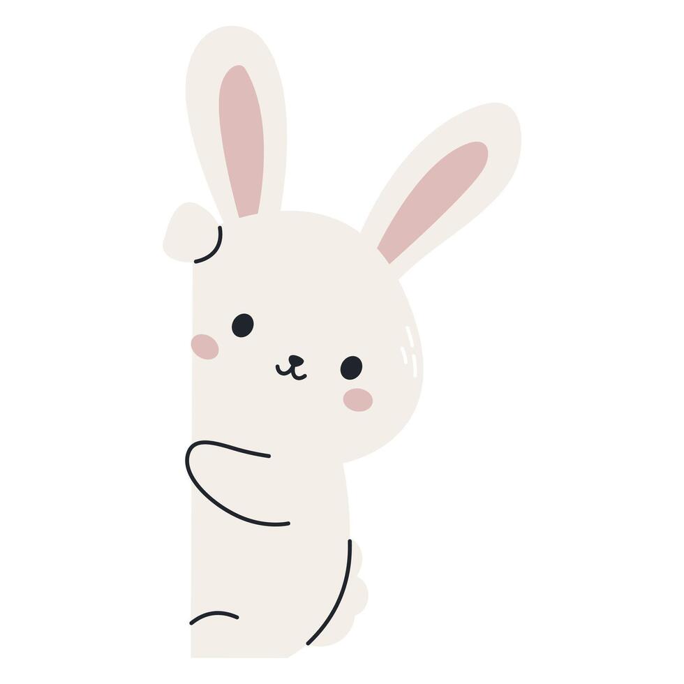 Cute white rabbit peeking out from behind a banner. Flat illustration on white background, space for your text vector