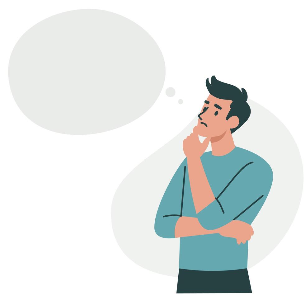 Flat illustration. Young man thinking about something, pensive pose. Speech bubble and space for your text vector