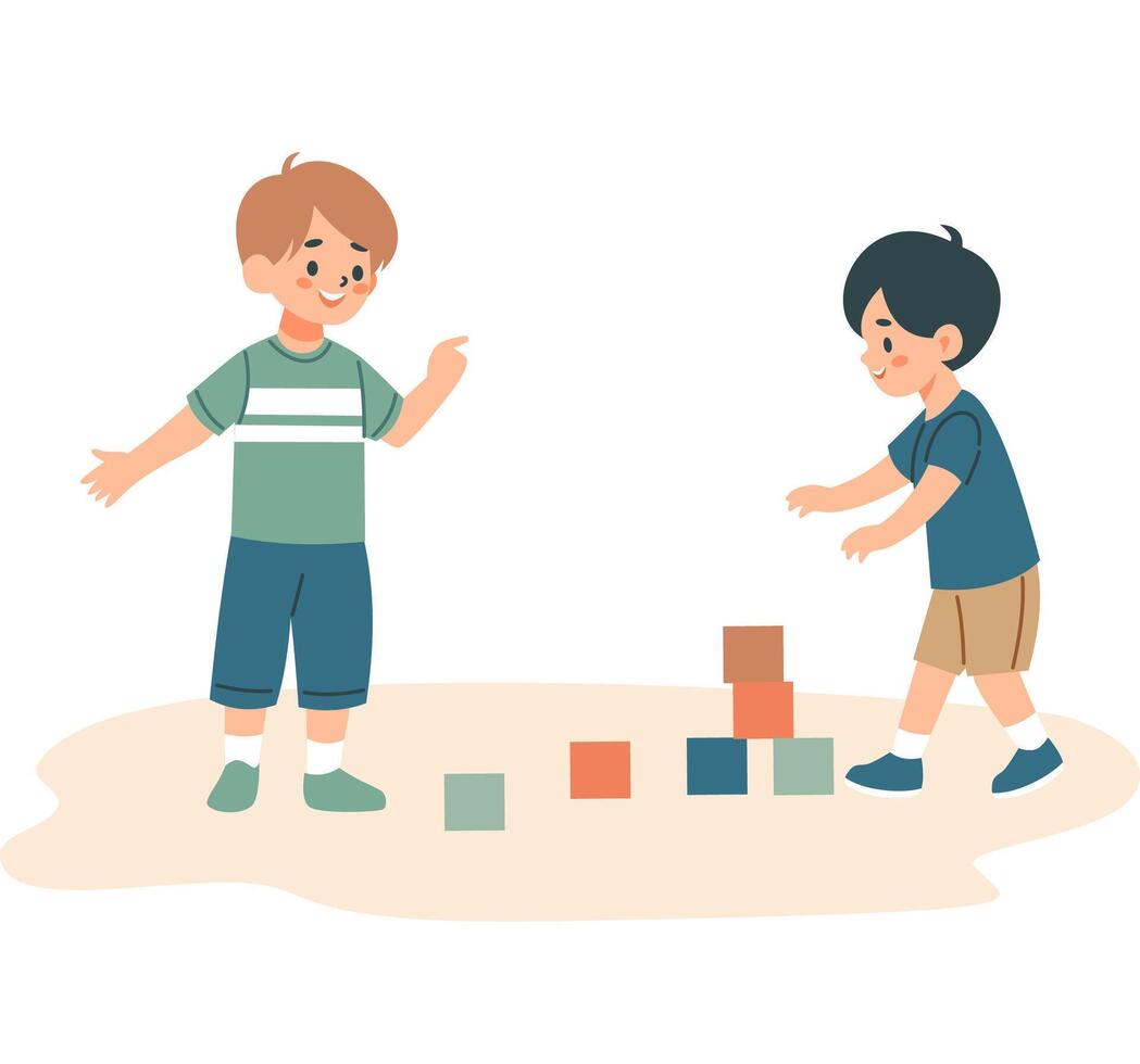 Two boys playing dice, kindergarten. Flat illustration, white background vector