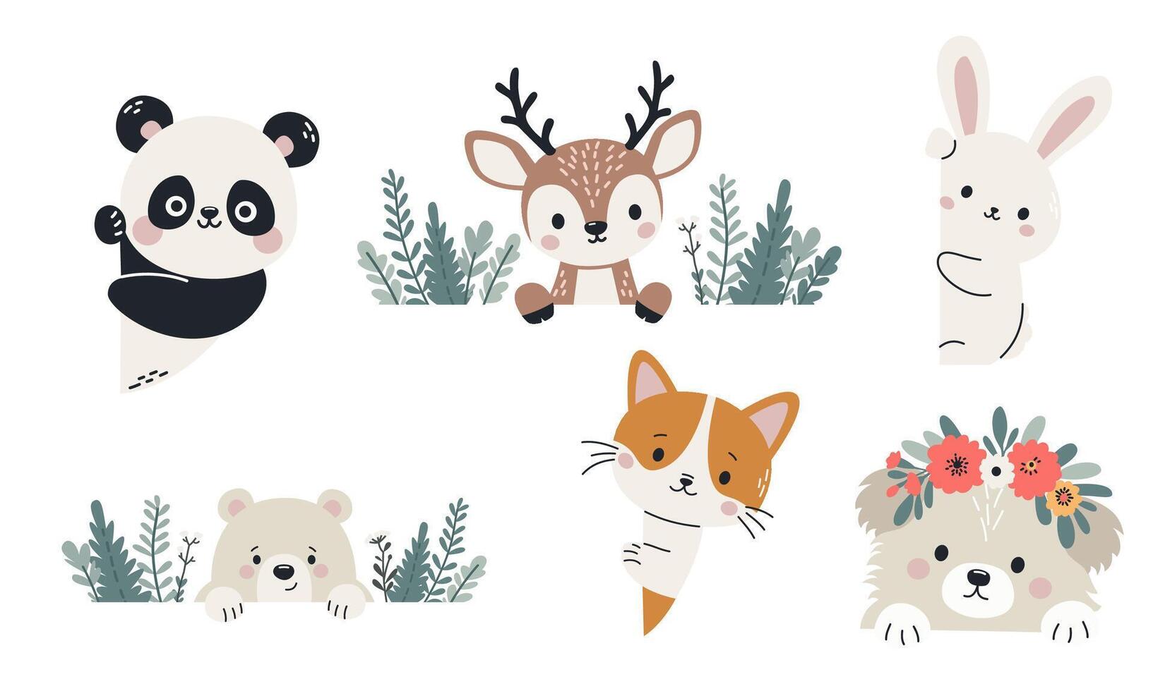 Set of flat illustrations in children's style. Cute animals peeking out from behind banners, space for your text. Bear dog dog hare hare deer cat panda vector