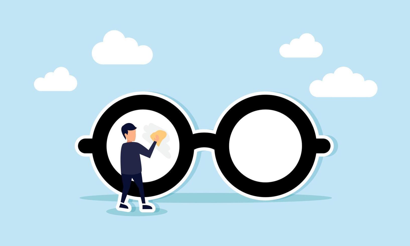 Clear business vision detailed focus through lenses and a clean outlook, concept of Miniature worker cleans huge eyeglass lenses for owner to gain clear vision vector