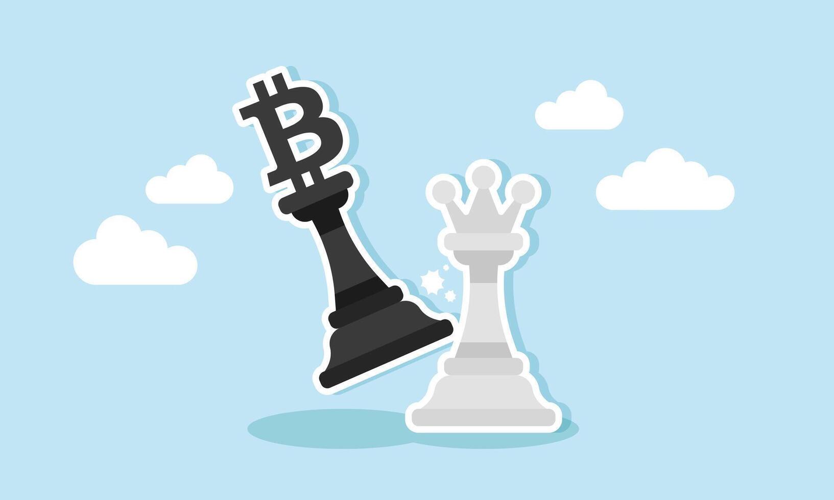 Winning Bitcoin strategy profit from crypto currency, decentralized finance over banks, concept of Black Bitcoin chess king wins, defeating traditional white king vector