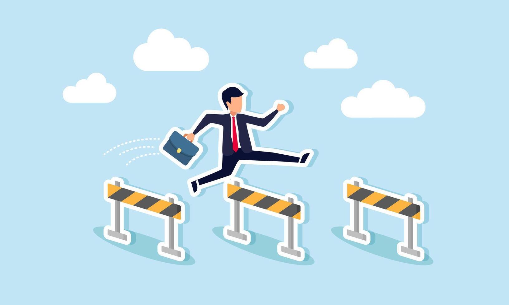 Winning in business overcoming obstacles, solving problems, and leading to success, concept of Confident businessman leaps over three hurdles to become the winner vector