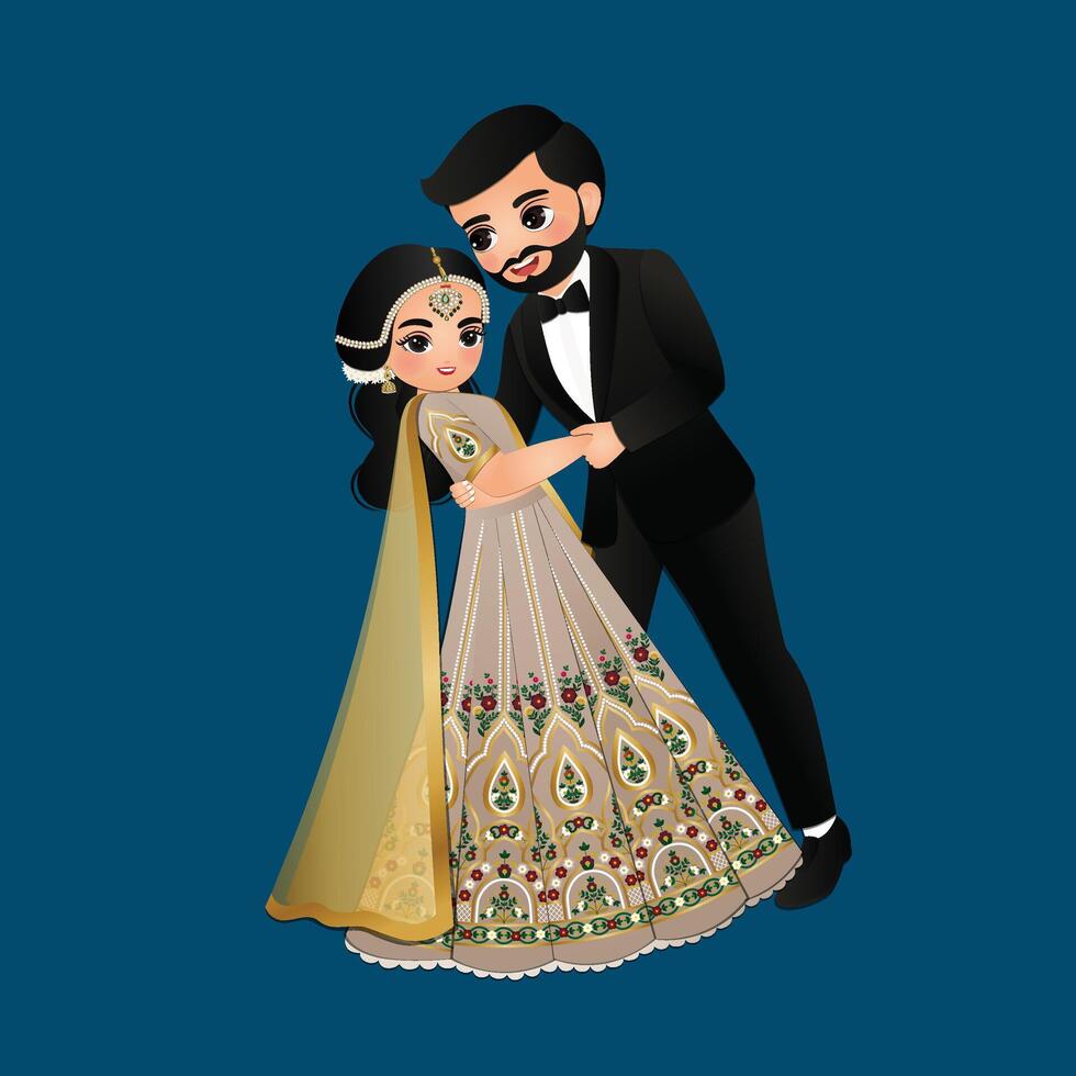 Wedding invitation card the bride and groom cute couple in traditional indian dress cartoon character vector