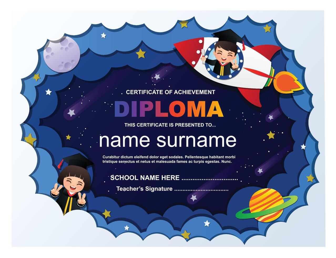 Preschool kids boys and girls Diploma certificate template layout spaceship stars and planets background frame design vector