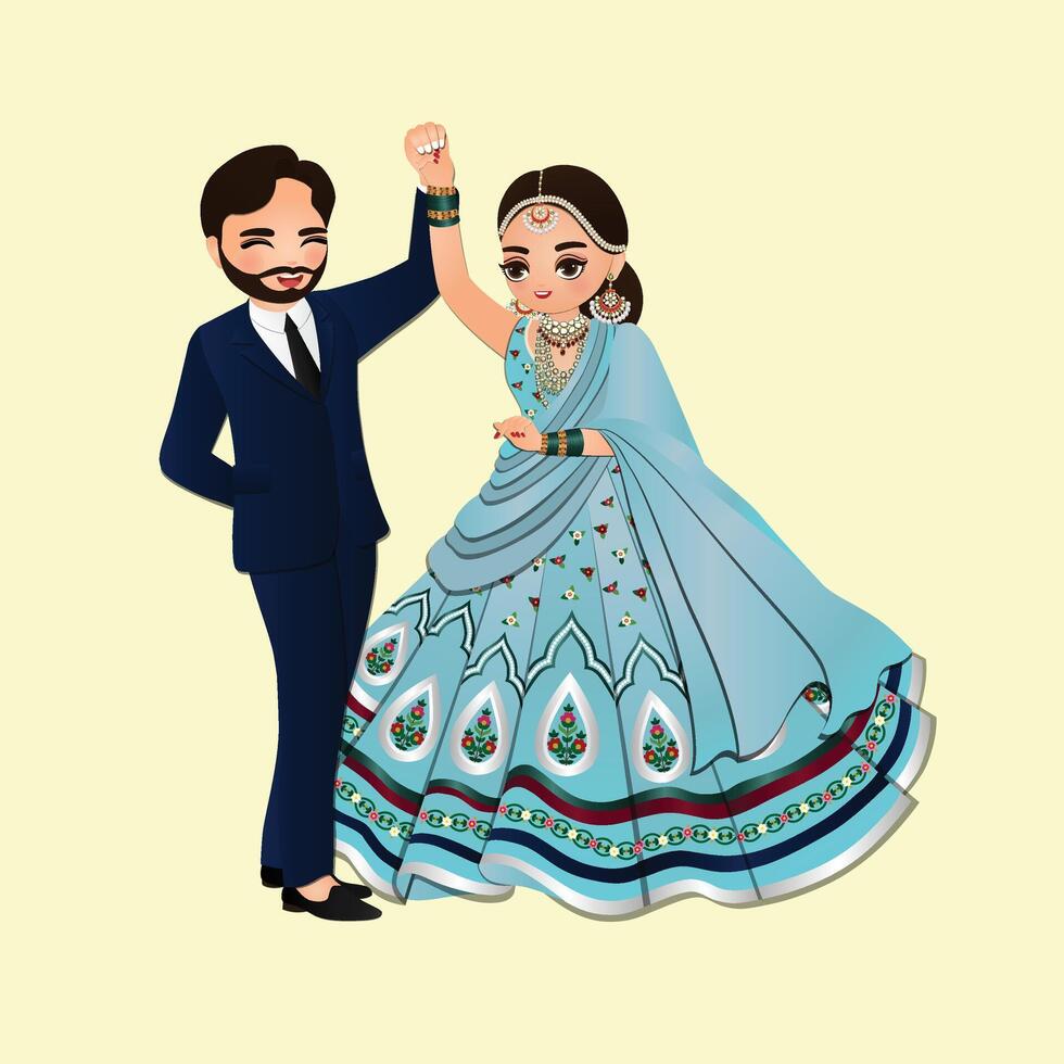 Wedding invitation card the bride and groom cute couple in traditional indian dress cartoon character vector