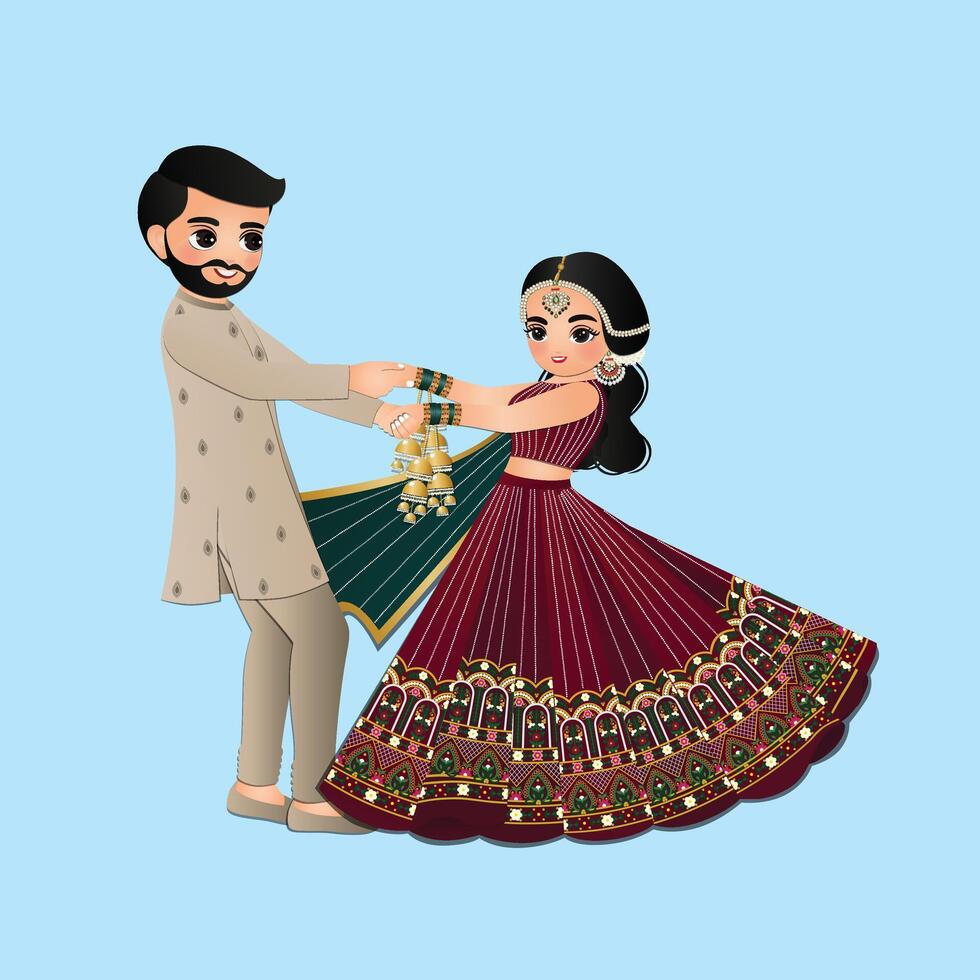 Wedding invitation card the bride and groom cute couple in traditional indian dress cartoon character vector
