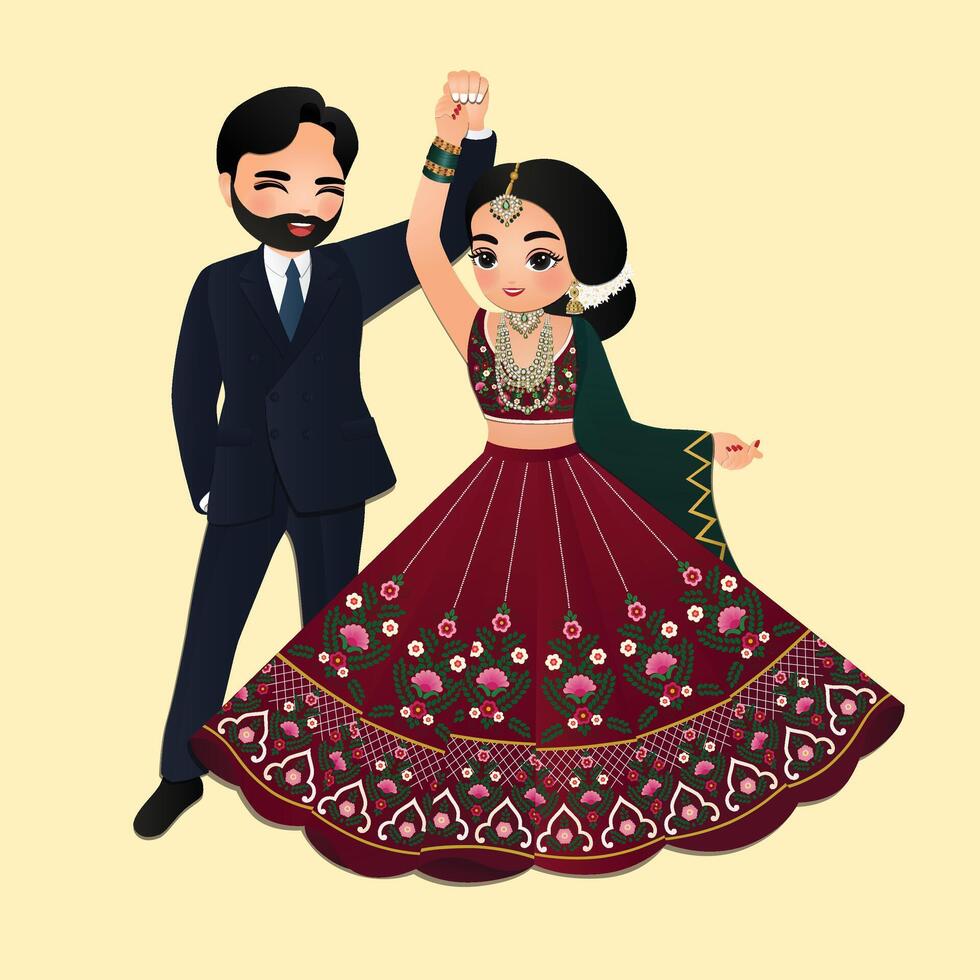 Wedding invitation card the bride and groom cute couple in traditional indian dress cartoon character vector
