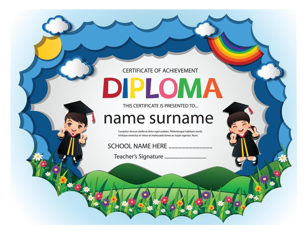 Cute preschool kids cartoon jumping with holding diploma certificate in outdoor beautiful nature and flowers vector