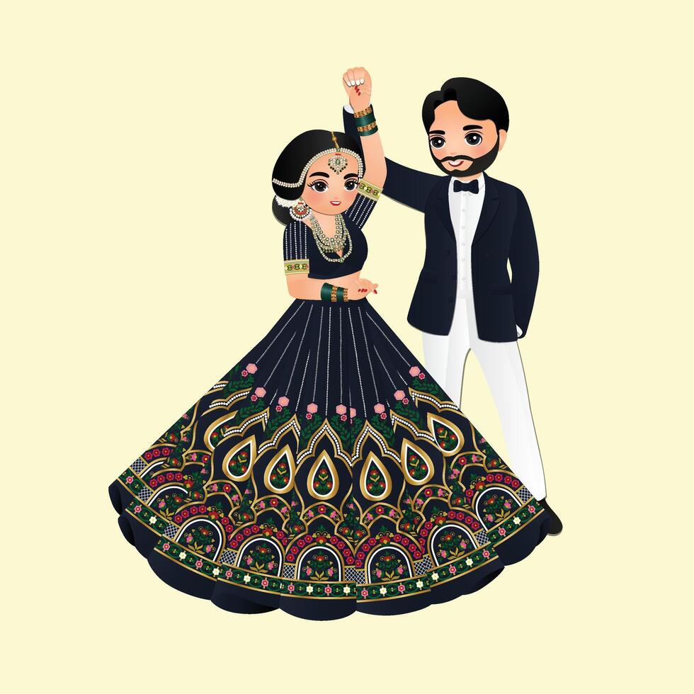 Wedding invitation card the bride and groom cute couple in traditional indian dress cartoon character vector