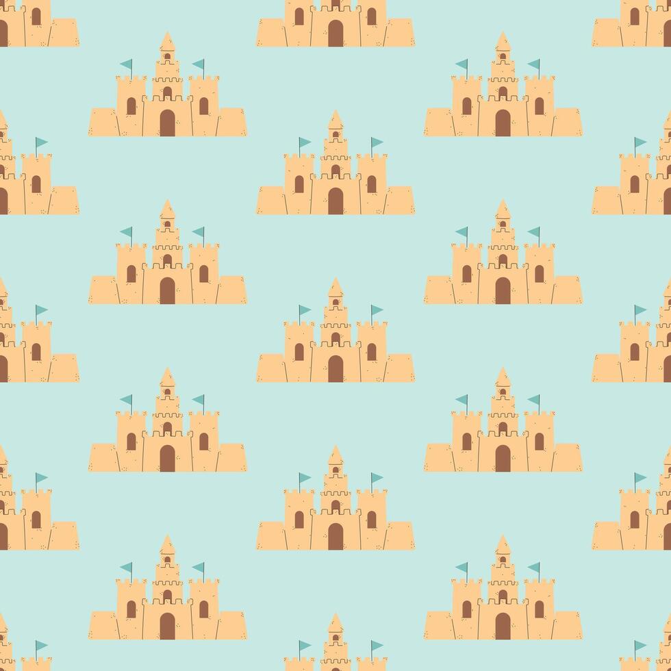 Summer Sand Castle Pattern, Flat Seamless Pattern, Cartoon Castle vector