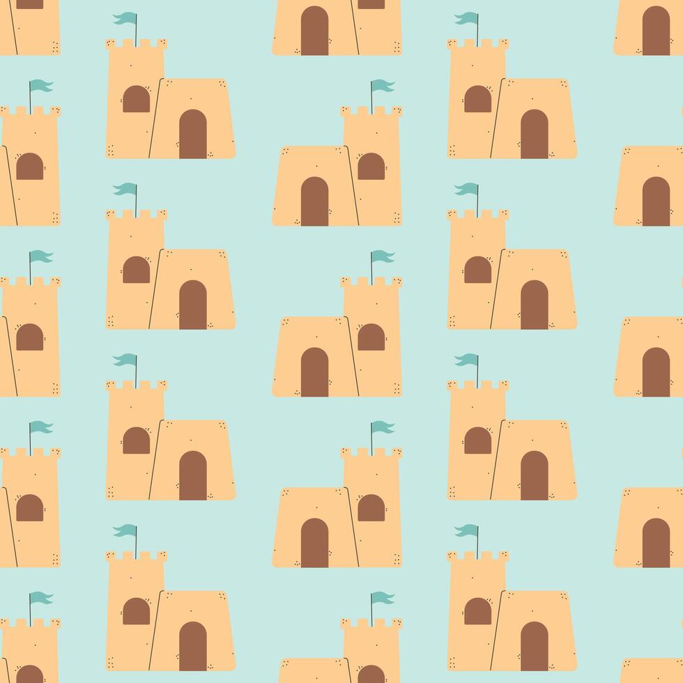 Summer Sand Castle Pattern, Flat Seamless Pattern, Cartoon Castle vector