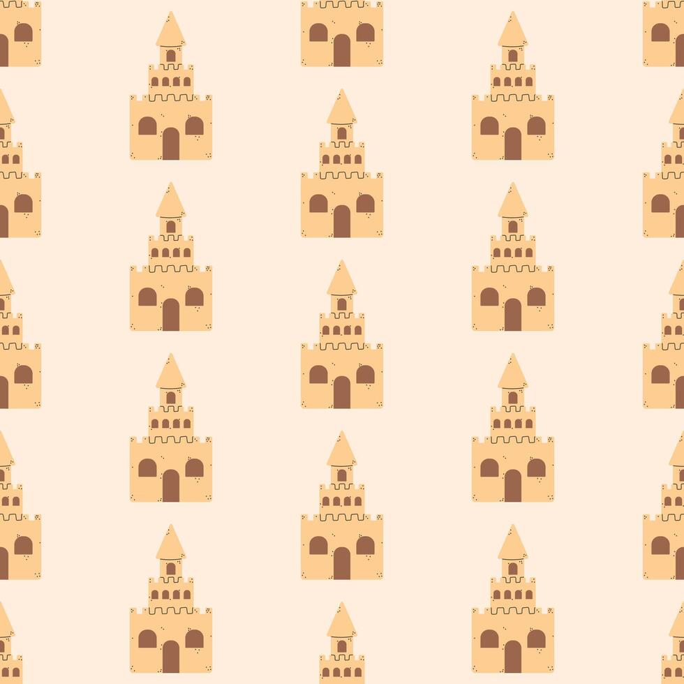 Summer Sand Castle Pattern, Flat Seamless Pattern, Cartoon Castle vector