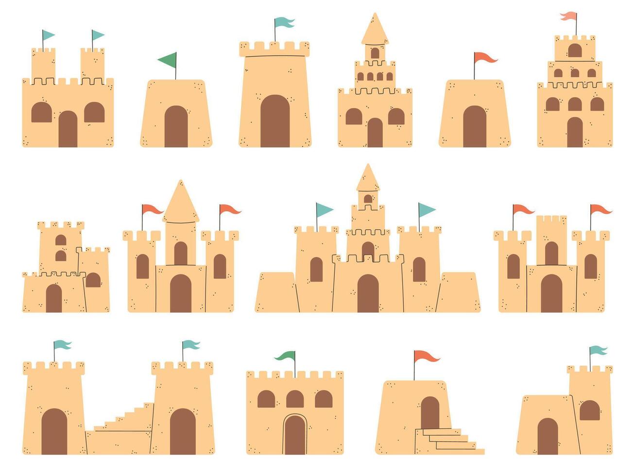Sand Castle Flat Style Set, Cartoon Design, Hand Drawn Sand Castle Set vector