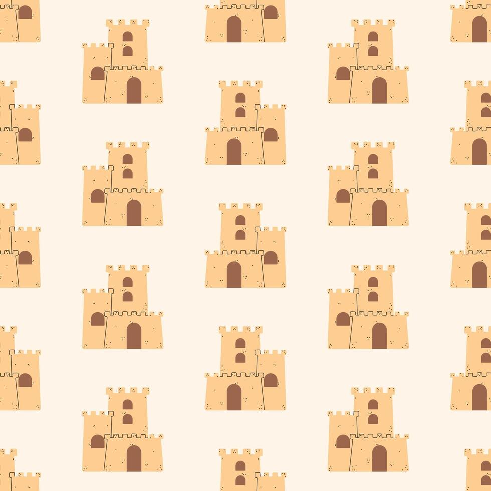 Summer Sand Castle Pattern, Flat Seamless Pattern, Cartoon Castle vector