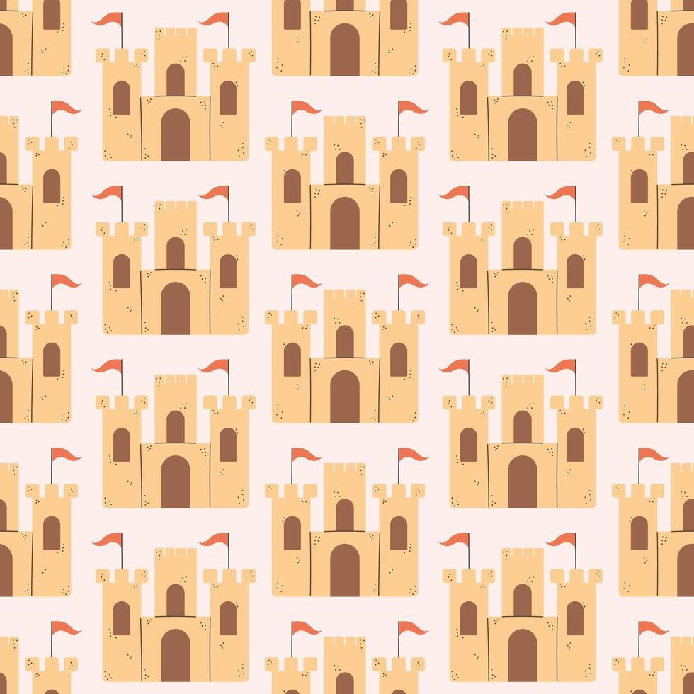 Summer Sand Castle Pattern, Flat Seamless Pattern, Cartoon Castle vector