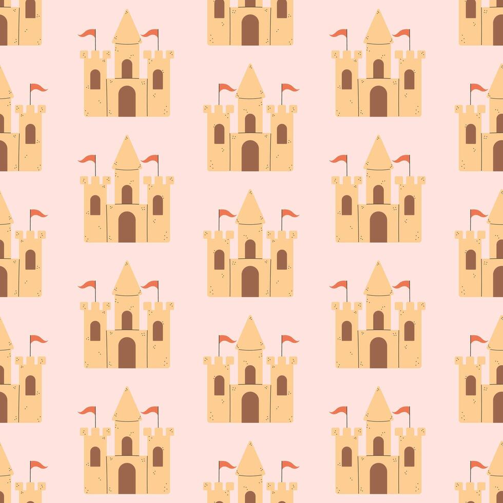 Summer Sand Castle Pattern, Flat Seamless Pattern, Cartoon Castle vector
