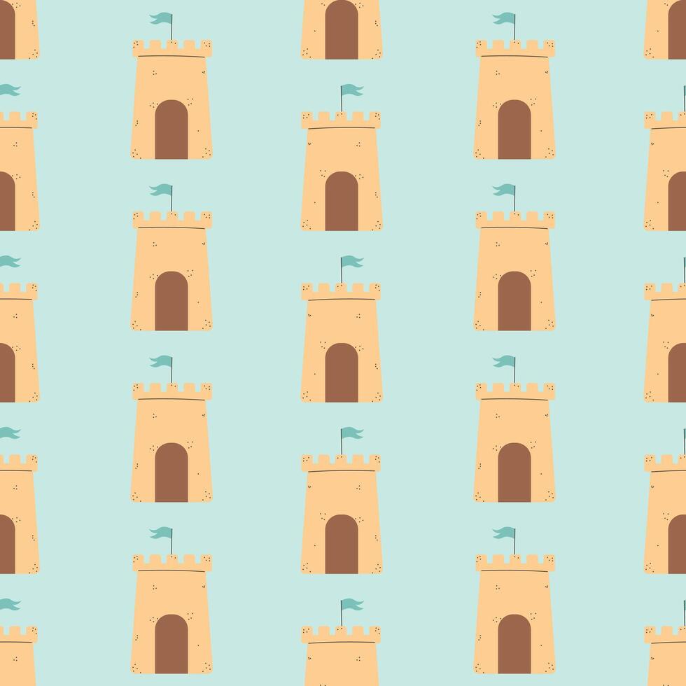 Summer Sand Castle Pattern, Flat Seamless Pattern, Cartoon Castle vector
