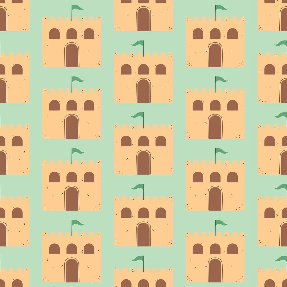 Summer Sand Castle Pattern, Flat Seamless Pattern, Cartoon Castle vector