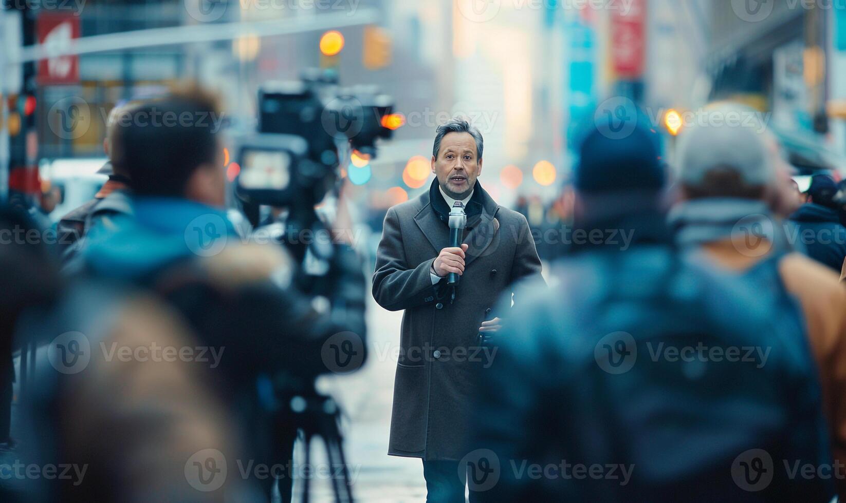 TV Journalist Lives Reporting From Urban Busy Street With Around Walking Peoples, . photo
