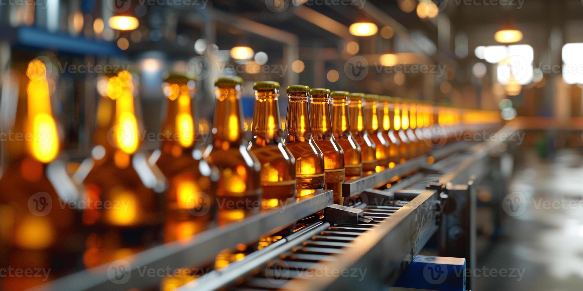 Beer Bottles on a Production Line in Beer Factory, Brewery Automated Conveyor Belt with Brown Glass Beer Bottles with Blurred Background, . photo