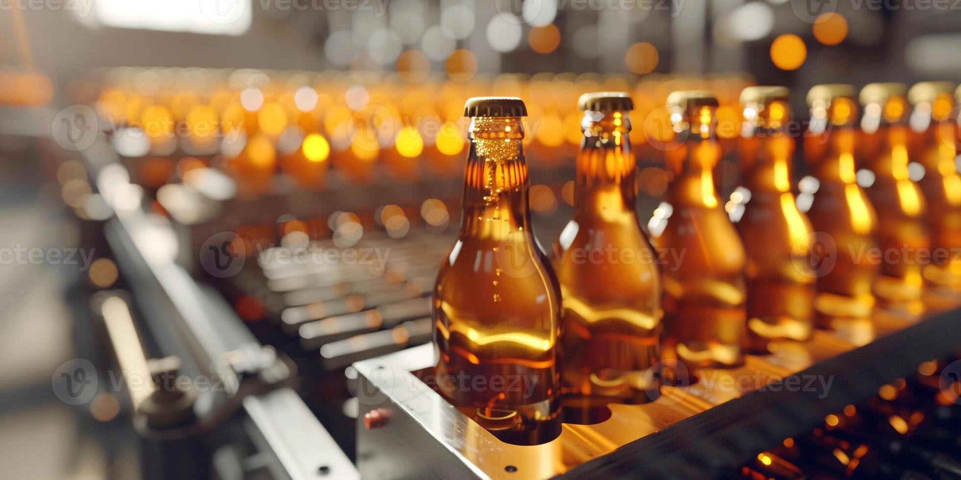 Beer Bottles on a Production Line in Beer Factory, Brewery Automated Conveyor Belt with Brown Glass Beer Bottles with Blurred Background, . photo