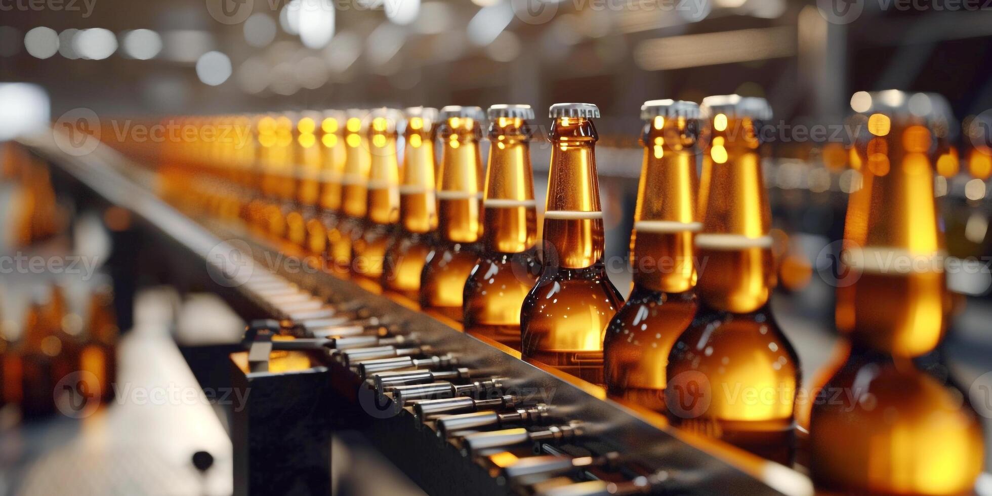 Beer Bottles on a Production Line in Beer Factory, Brewery Automated Conveyor Belt with Brown Glass Beer Bottles with Blurred Background, . photo