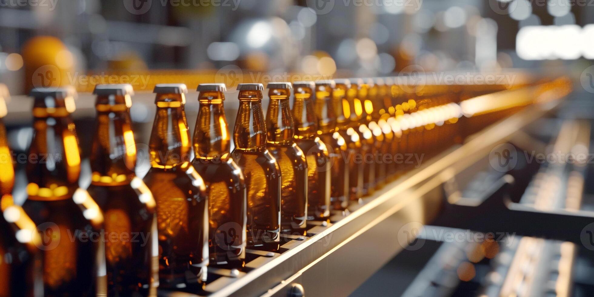 Beer Bottles on a Production Line in Beer Factory, Brewery Automated Conveyor Belt with Brown Glass Beer Bottles with Blurred Background, . photo