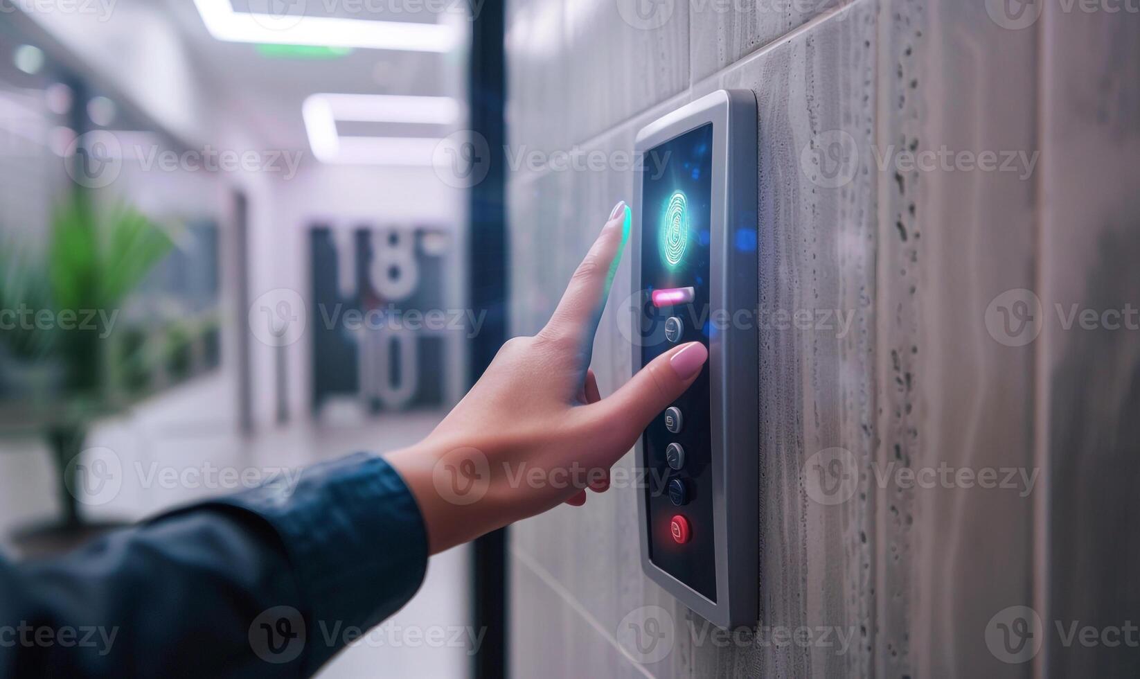 Fingerprint Scan Access Control System Machine on Office Wall Near the Entrance Door with a Hand, . photo